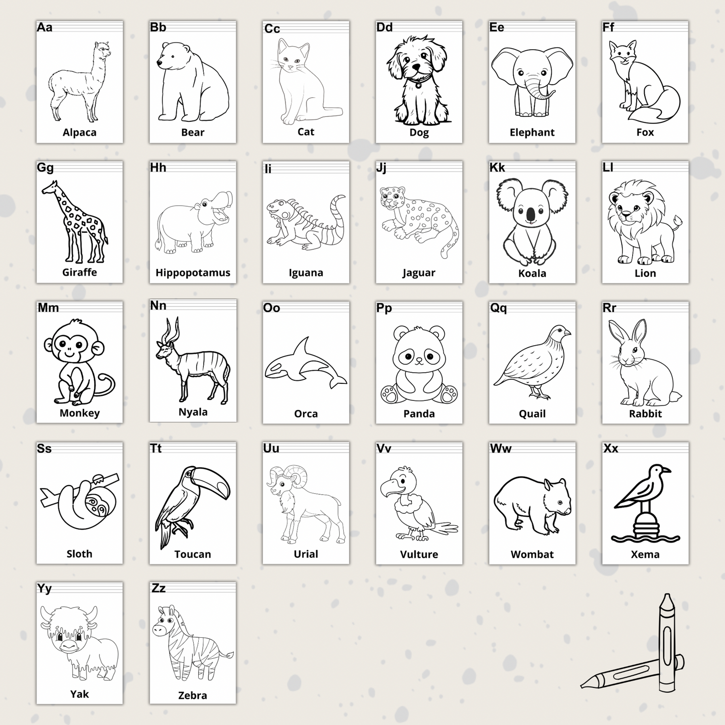 Alphabet Animals Colouring Pages